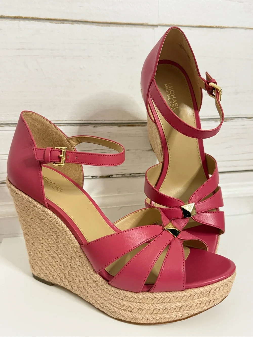 Michael Kors Coral Pink Leather Espadrille Wedge Sandals Ankle Strap Size 10